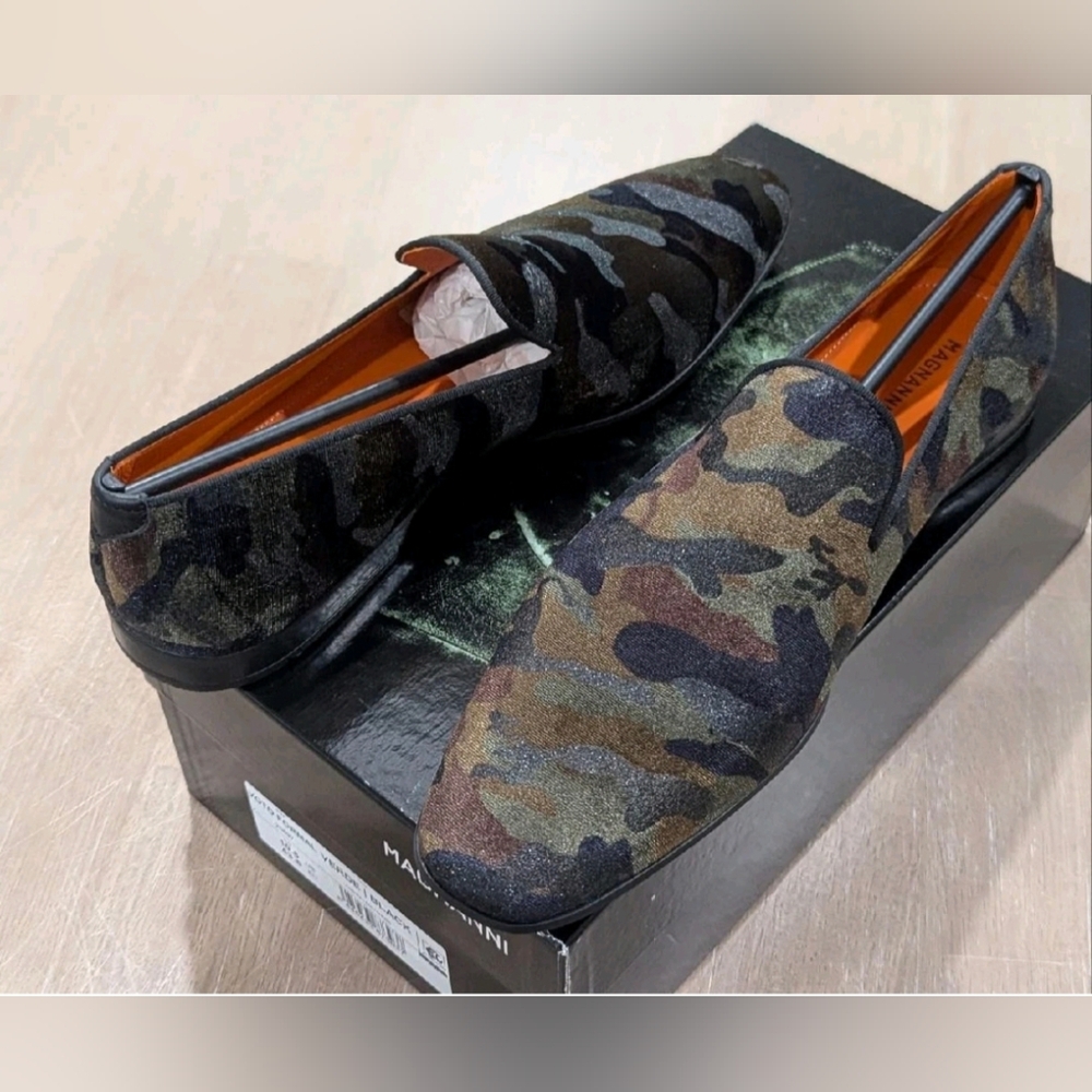 $398 Mens Magnanni "Voto" Velvet Slip On Penny Loafers Green Camo US 9